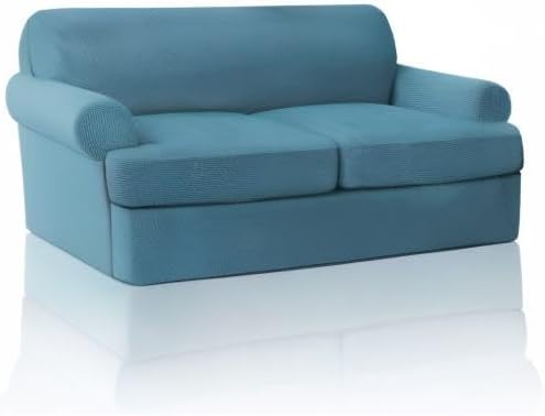 PrinceDeco T Cushion Loveseat Slipcover - 3 Pieces Sofa Cover for 2 Cushion Couch with 2 Individual T Shape Seat Covers Width Up to 76 Inch - Stretch, Machine Washable, Storm Blue