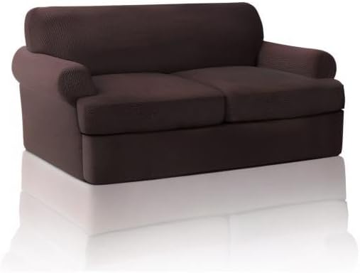 PrinceDeco T Cushion Loveseat Slipcover 3 Pieces Sofa Covers for T Cushion Sofa Stretch Slip Covers for 2 Cushion Couch with 2 Individual T Shape Seat Covers Width Up to 76"- Washable, Brown