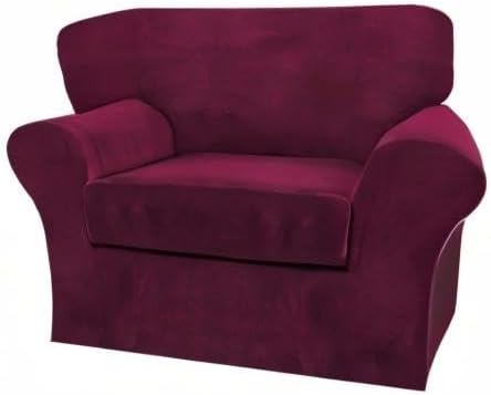 FantasDecor 2 Piece Chair Sofa Covers Velvet for Living Room Slipcovers with Individual Cushion Elastic Furniture Protector for Pets, Machine Washable (Armchair, Burgundy)