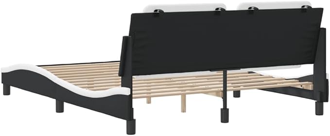 Full Size Black and White Faux Leather Upholstered Platform Bed Frame with Headboard, Modern Durable Bedroom Furniture, Sturdy Wood Support