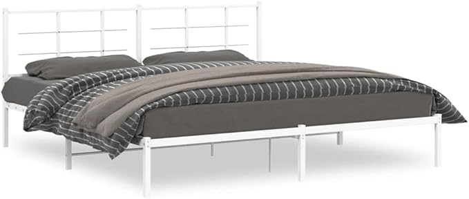 Modern White Metal Bed Frame with Headboard, Sturdy Powder-Coated Steel Structure for Quiet Support, Spacious Double Size Fits Standard Mattress, Ideal for Master or Guest