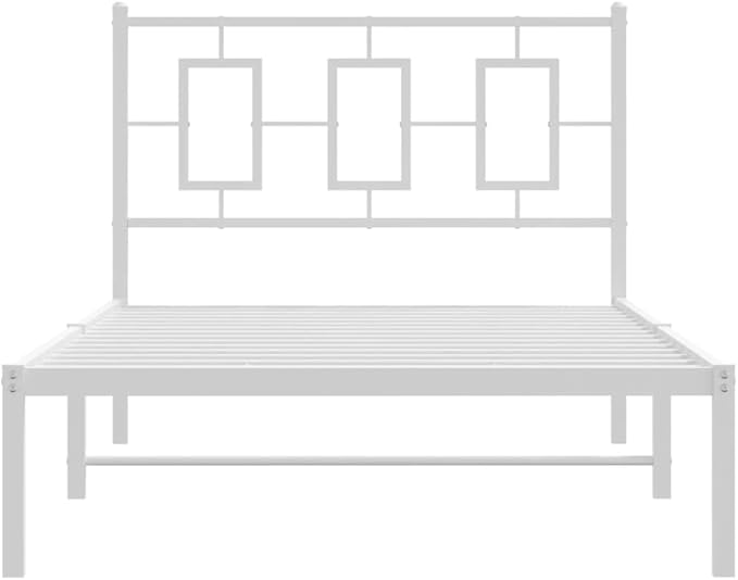 vidaXL White Metal Single Bed Frame with Headboard - Modern Bedroom Furniture, Steel Guest Bed Frame for Superior Support, 81.5x41.3x35.8 in