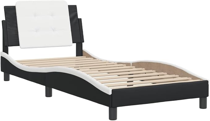 Bed Frame Single Size with Upholstered Headboard Modern Black and White Design Solid Pine Wood Structure for Bedroom Decor