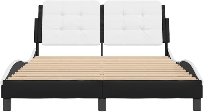 Bed Frame Black and White Modern Faux Leather Bed Frame with Headboard, Sturdy Single Mattress Support for Bedroom