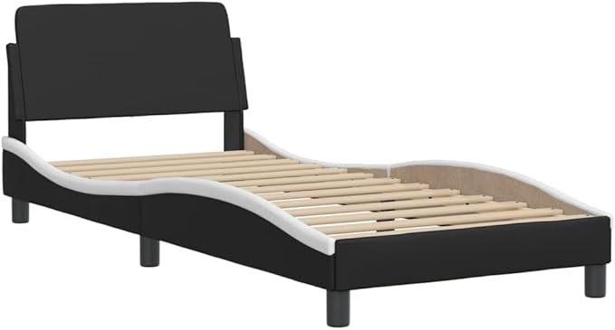 Bed Frame Black and White Modern Faux Leather Bed Frame with Headboard, Sturdy Single Mattress Support for Bedroom