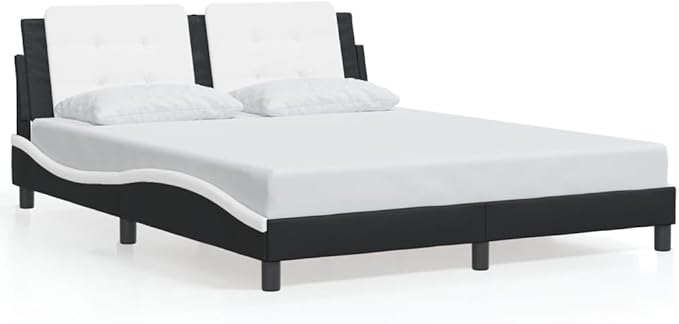 Bed Frame Black and White Faux Leather Full Durable Bed Frame Sturdy Metal for Bedroom