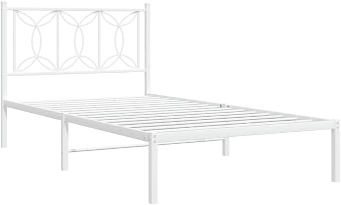 White Steel Bed Frame Single Modern Headboard Platform Mattress Base, 39.4 x 78.7 Inch Sleeping Area, Durable Heavy Duty 440 Lbs Capacity Underbed Storage Space for Bedroom