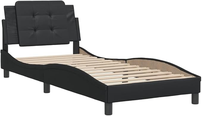 Black Faux Leather Upholstered Platform Bed Frame, Single Size, Solid Pine Wood & Plywood Slats, Modern Bedroom Furniture