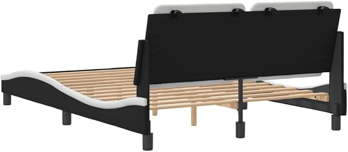 Full Size Platform Bed Frame, Black & White Wavy Faux Leather Upholstered Bedframe with Headboard, Modern Furniture for Bedroom