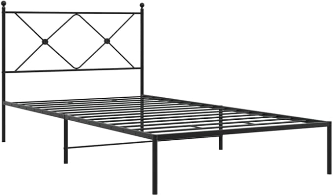 vidaXL Metal Bed Frame with Headboard - Black Powder-Coated Steel, 39.4"x78.7" Mattress Support, Bedroom Furniture for Modern Decor