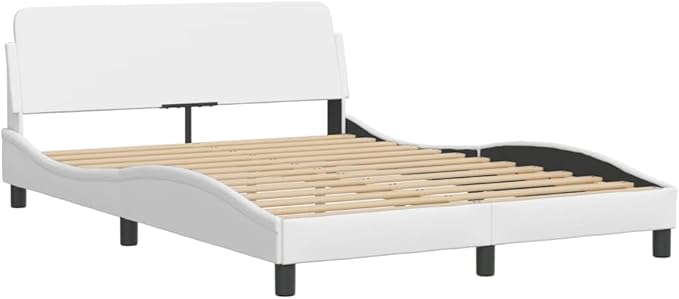 Bed Frame White Modern Faux Leather Bed Frame with Headboard, Sturdy Single Mattress Support for Bedroom