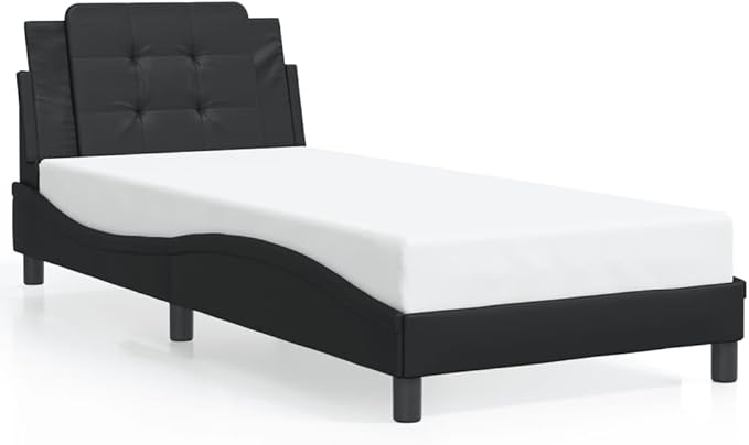 Black Faux Leather Upholstered Platform Bed Frame, Single Size, Solid Pine Wood & Plywood Slats, Modern Bedroom Furniture