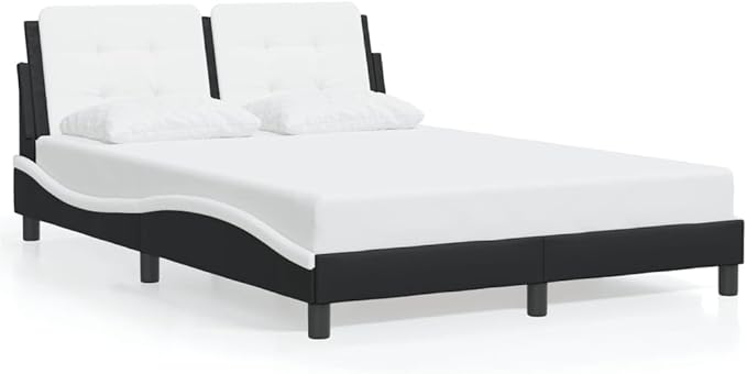 Full Size Platform Bed Frame, Black & White Wavy Faux Leather Upholstered Bedframe with Headboard, Modern Furniture for Bedroom