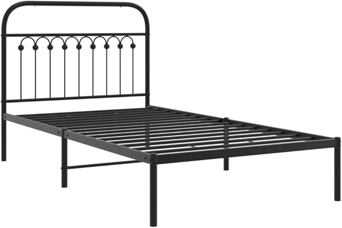 Steel Bed Frame with Headboard, Black Metal Platform Bed for Single Sleeper, Sturdy Mattress Foundation for 39.4x78.7 Inch Bedrooms and Guest Rooms
