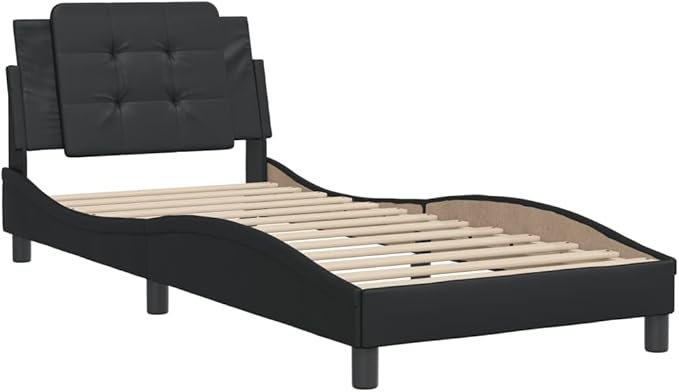 Black Faux Leather Upholstered Platform Bed Frame, Durable Single Size, Modern Bedroom Furniture, Easy Assembly