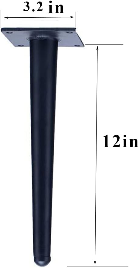 Straight Furniture Table Legs 12 Inch, Round Tapered Metal Furniture Legs Black, Modern Dresser Cabinet Sofa Support Feet Replacement, Set of 4