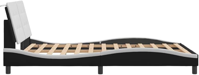 Bed Frame Black and White Modern Faux Leather Bed Frame with Headboard, Sturdy Single Mattress Support for Bedroom