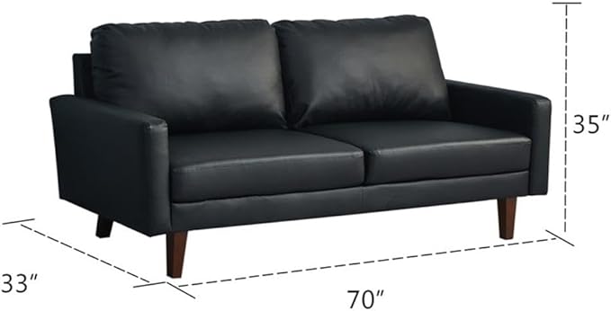 Pemberly Row Modern PU Leather Sofa Couch with Wooden Legs – Black, 70 Inch Upholstered Sofa, High-Density Cushion, Straight Arm Design for Living Room, Apartment or Office