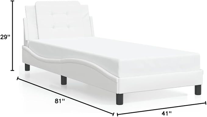 Twin Bed Frame White Upholstered Platform Bed with Storage Space Modern Faux Leather Design Easy Assembly for Bedroom