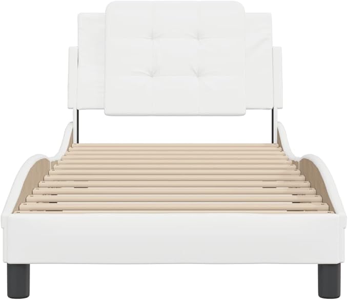 Bed Frame White Modern Faux Leather Bed Frame with Headboard, Sturdy Single Mattress Support for Bedroom