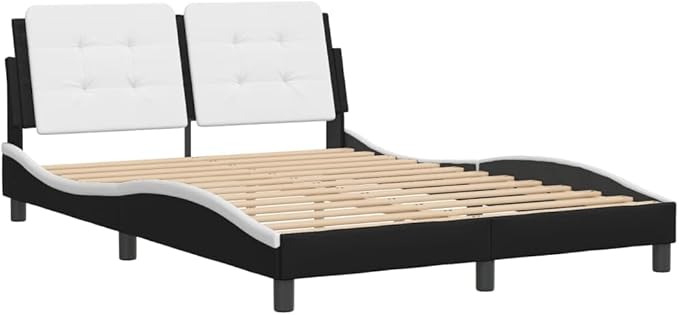 Full Size Platform Bed Frame, Black & White Wavy Faux Leather Upholstered Bedframe with Headboard, Modern Furniture for Bedroom