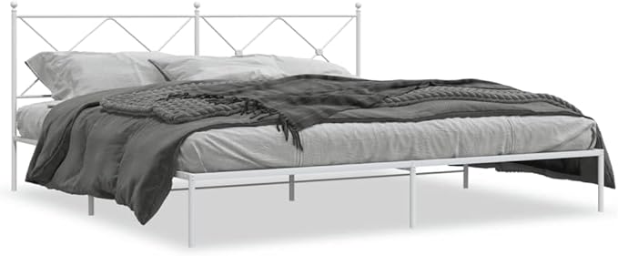Modern Rectangular Metal Bed Frame with Headboard, White Powder-Coated Steel Design for Bedroom, Durable Storage Solution with Breathable Material, Fits Two People, Easy