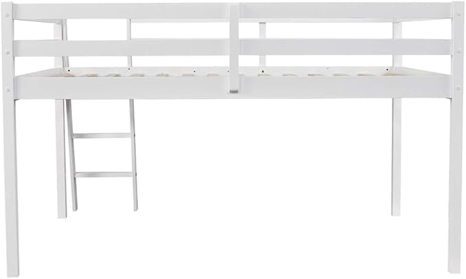 VINGLI Junior Low Loft Bed with Stairs, White Wood Loft Bed Full Size for Adults, Kids and Young Teens, No Box Spring Required,Wood Slat Support