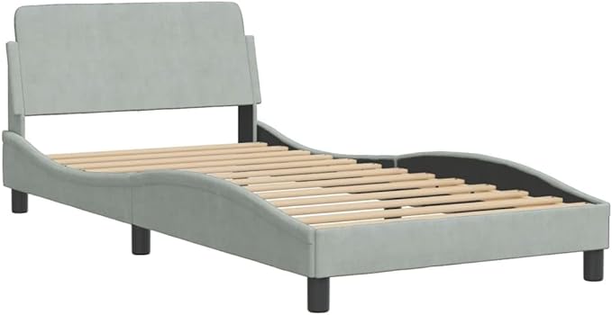 Light Gray Velvet Bed Frame with Storage, Modern Single Size Upholstered Platform for Small Spaces