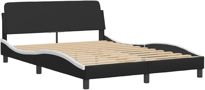 Full Size Platform Bed Frame, Black & White Wavy Faux Leather Upholstered Bedframe with Headboard, Modern Furniture for Bedroom