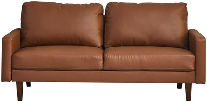 Pemberly Row Modern PU Leather Sofa Couch with Wooden Legs – Brown, 70 Inch Upholstered Sofa, High-Density Cushion, Straight Arm Design for Living Room, Apartment or Office