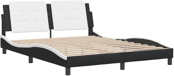 Bed Frame Black and White Faux Leather Full Durable Bed Frame Sturdy Metal for Bedroom