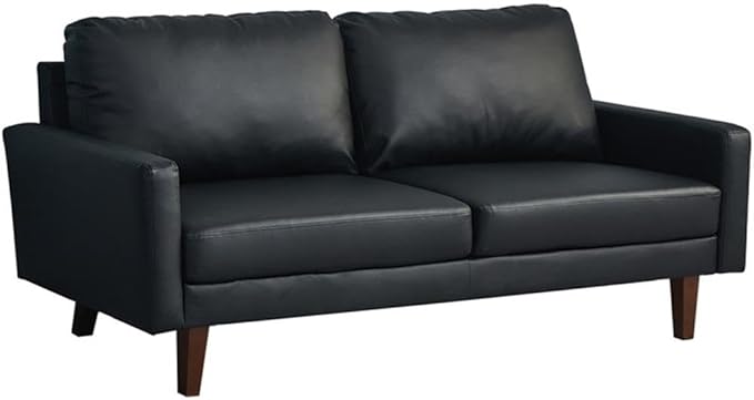 Pemberly Row Modern PU Leather Sofa Couch with Wooden Legs – Black, 70 Inch Upholstered Sofa, High-Density Cushion, Straight Arm Design for Living Room, Apartment or Office