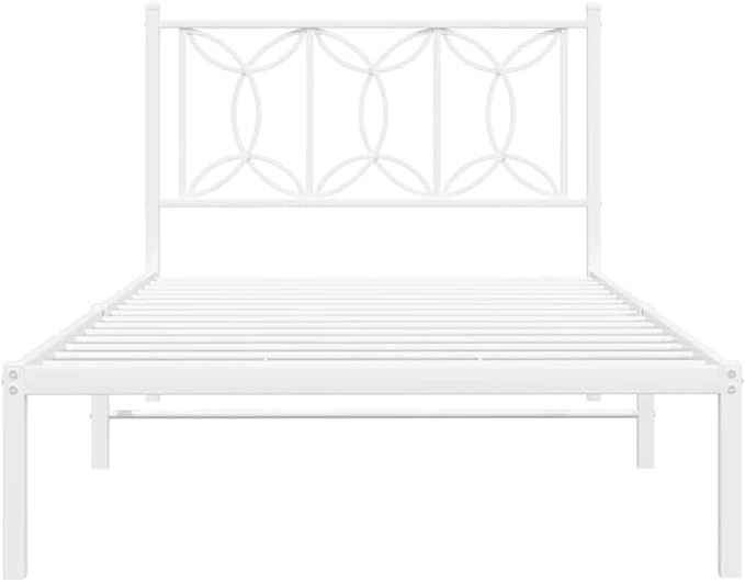 White Steel Bed Frame Single Modern Headboard Platform Mattress Base, 39.4 x 78.7 Inch Sleeping Area, Durable Heavy Duty 440 Lbs Capacity Underbed Storage Space for Bedroom