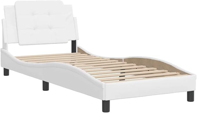 Twin Bed Frame White Upholstered Platform Bed with Storage Space Modern Faux Leather Design Easy Assembly for Bedroom