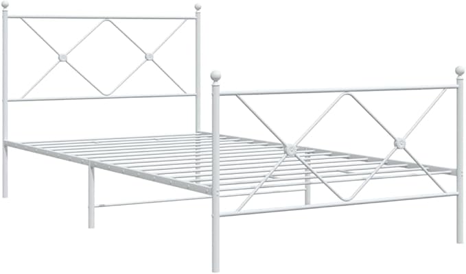vidaXL Elegant White Steel Single Bed Frame with Headboard/Footboard - Under-Bed Storage - Metal Slats - 81.5"x41.3"x35.6"