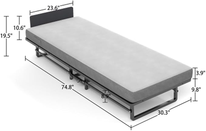 Single Bed,with Mattress and 4 Casters, Convenient and Space-Saving, Metal Foldable Bed Frame, Easy to Assemble, No Box Spring Required,Black