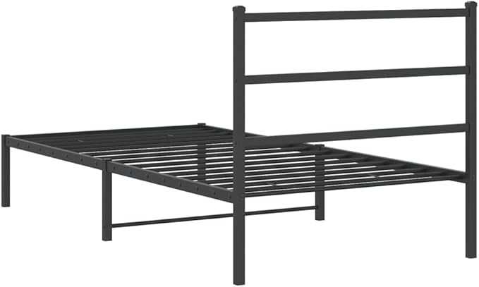 Modern Black Powder-Coated Bed Frame with Headboard, Sturdy Steel Platform Bed with Ample Storage Space, Durable Mattress Support for Single Sleeper, Easy Assembly for Guest