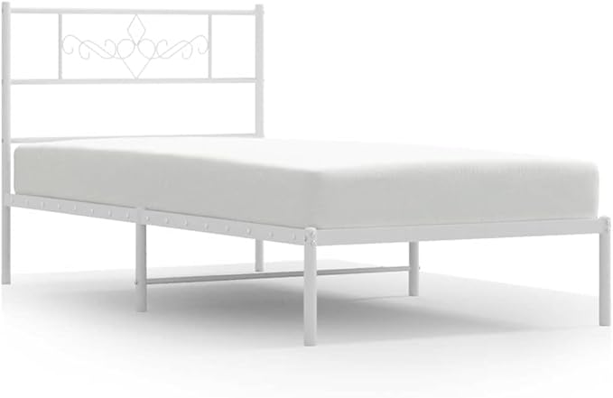 Single Metal Bed Frame with Headboard, White Powder-Coated Steel Design for Modern Bedroom, Underbed Storage Space, Durable Mattress Support for Reading and
