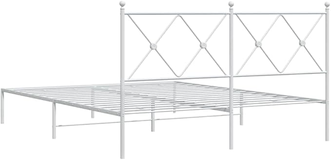 vidaXL Modern White Metal Bed Frame - Double Bed with Headboard, Steel Construction, Extra Underbed Storage Space - 59.1"x78.7"