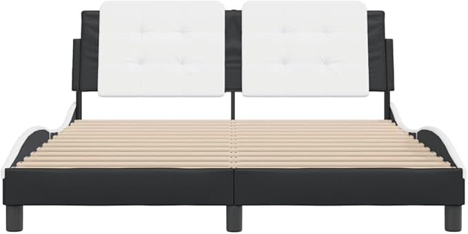 Full Size Black and White Faux Leather Upholstered Platform Bed Frame with Headboard, Modern Durable Bedroom Furniture, Sturdy Wood Support