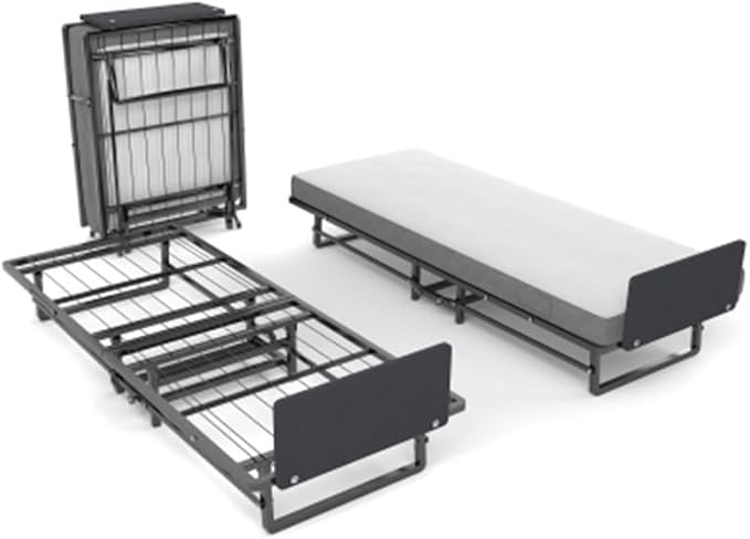 Single Bed,with Mattress and 4 Casters, Convenient and Space-Saving, Metal Foldable Bed Frame, Easy to Assemble, No Box Spring Required,Black