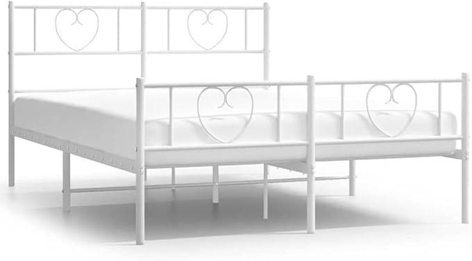 White Metal Bed Frame with Headboard, Sturdy Powder-Coated Steel Platform Bed with Underbed Storage, Supports 59x79 Inch Mattress for Modern Bedroom