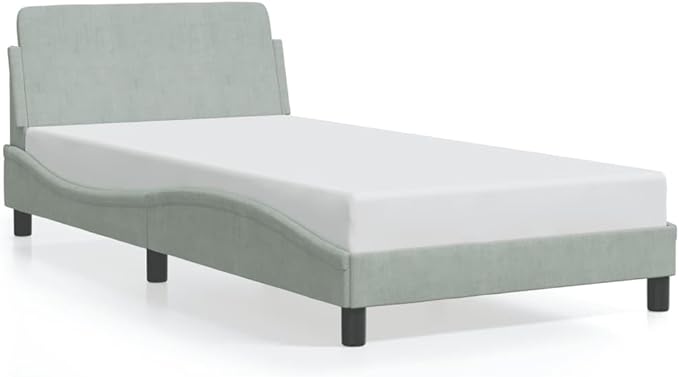 Light Gray Velvet Bed Frame with Storage, Modern Single Size Upholstered Platform for Small Spaces