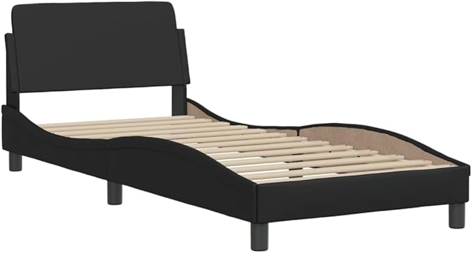 Single Bed Frame Black Faux Leather Upholstered Platform Bed with Headboard Modern Durable Design for Bedroom Guest Room 41.3 x 81.9 x 29.3 Inches