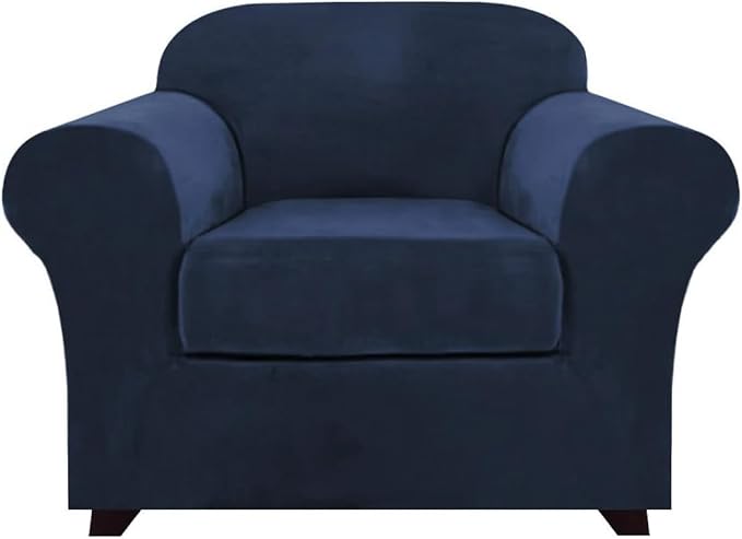 PrinceDeco Velvet Plush Couch Cover Stretch 2 Piece Chair Cover Chair Slipcover Washable Furniture Protector Couch Soft with Elastic Bottom Armchair Cover Width Up to 49 Inch(Small,Navy)