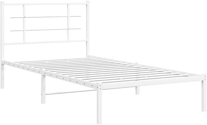 White Metal Bed Frame with Headboard, Sturdy Steel Construction for Adults, Modern Single Bed Design with Easy Assembly, Ideal for Small Bedrooms and Guest Rooms