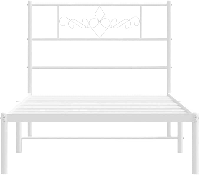 Single Metal Bed Frame with Headboard, White Powder-Coated Steel Design for Modern Bedroom, Underbed Storage Space, Durable Mattress Support for Reading and