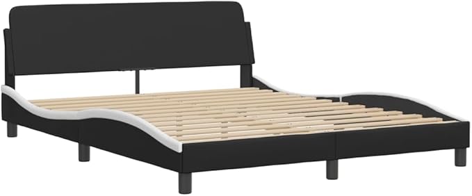 Full Size Black and White Faux Leather Upholstered Platform Bed Frame with Headboard, Modern Durable Bedroom Furniture, Sturdy Wood Support