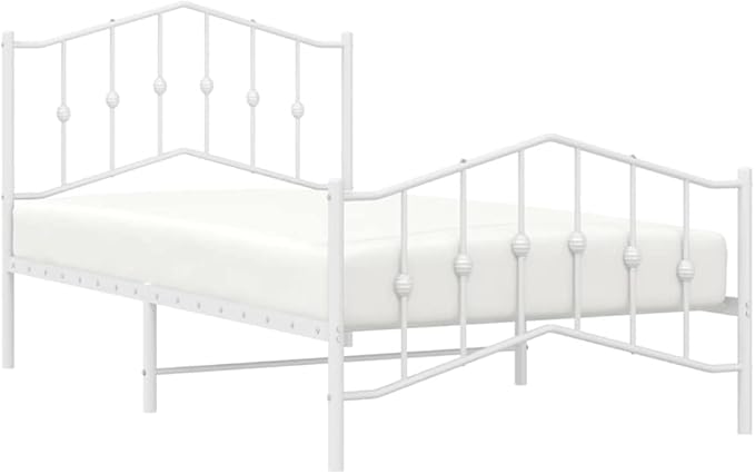 Modern Minimalist Steel Bed Frame with Headboard and Footboard Storage, Bright White Powder-Coated Finish, 41.3in x 77.2in, Easy Assembly for Adult and Guest Rooms