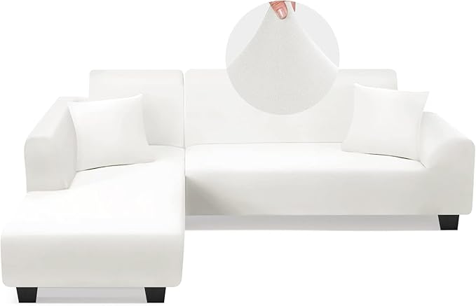 KinCam Sectional Couch Covers L Shape Sofa Covers Super Stretch 2pcs Sofa Slipcovers for 3 + 3 Seaters Sectional Chaise Slipcover with 2pcs Pillow Covers for Pets Kids, White